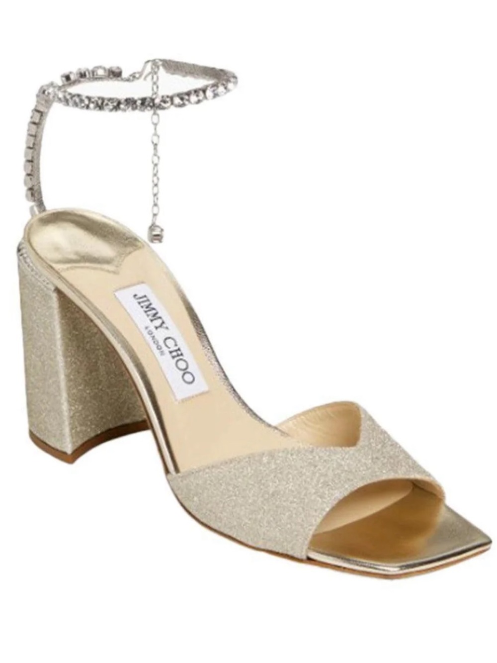 Jimmy Choo Gold Glitter Block Heel Sandal with Crystal Ankle Cuff